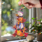 Pumpkin Snowman Acrylic Suncatcher, Stained Glass Style Autumn Pumpkins with Snowman Window Hanging